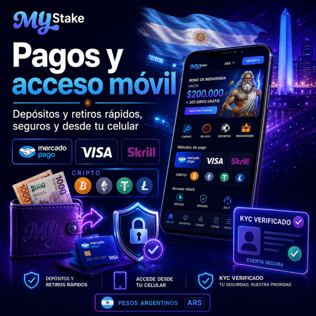 Métodos de pago y acceso móvil en My Stake con Mercado Pago, Visa, Skrill y criptomonedas